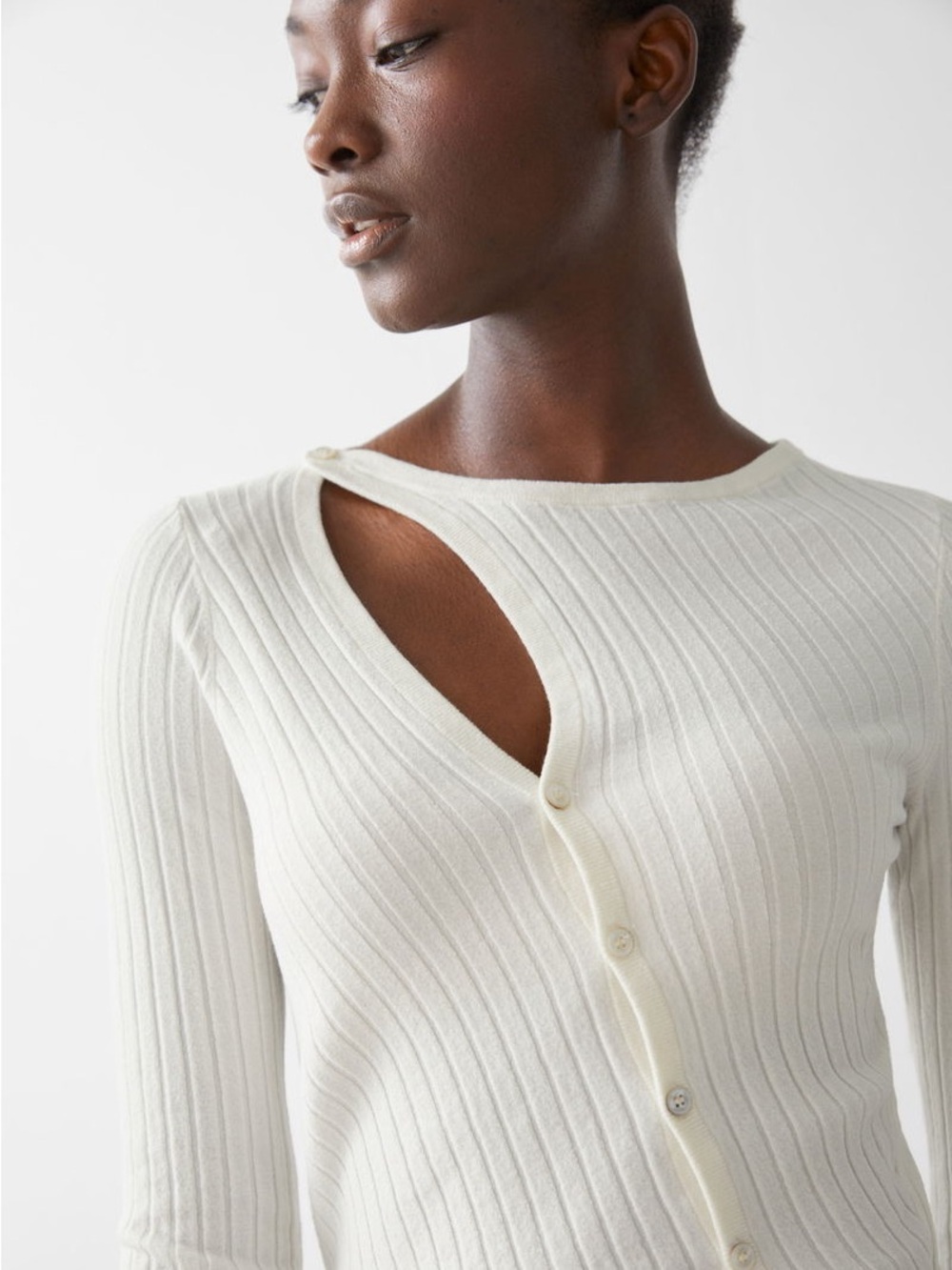 & Other Stories Cream Asymmetric Ribbed Button Cardigan